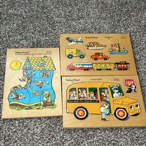Fisher-Price Vintage Wooden 70s Puzzle Set - Pick & Peek Bus Cars Shoe Set of 3